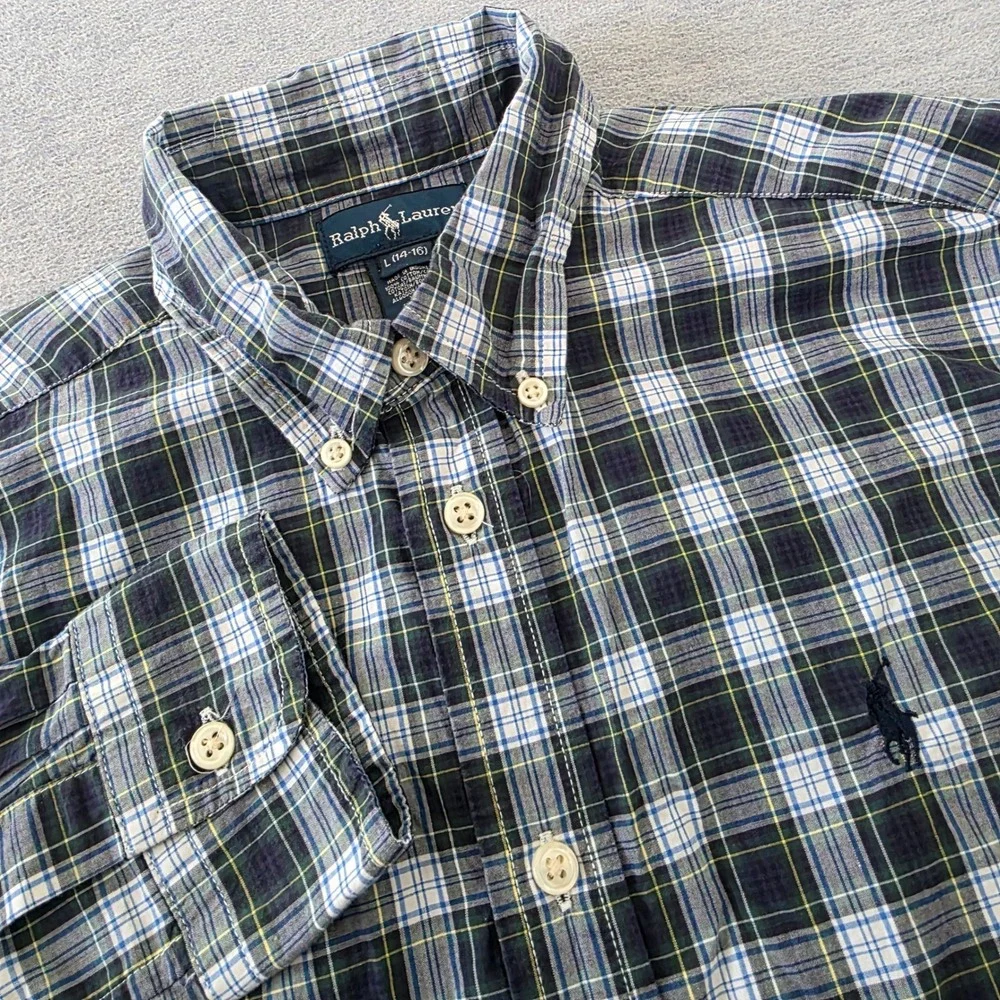 Ralph Lauren Kids Navy Blue Green Plaid Button Down Shirt L 14-16 Cotton Pony